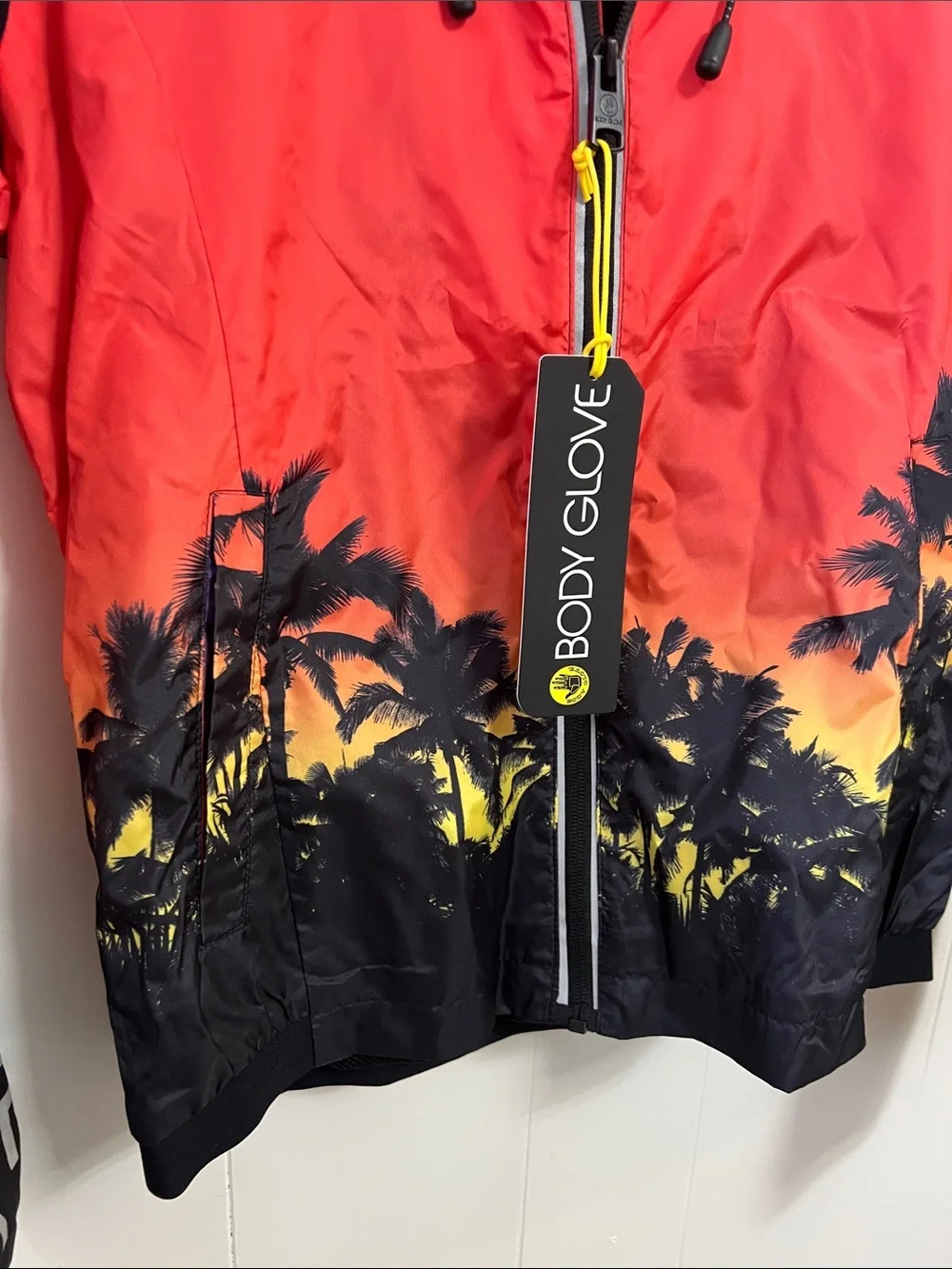 NEW Body Glove Vibrant Sunset Palm Tree Print Hooded Windbreaker Light Jacket XS